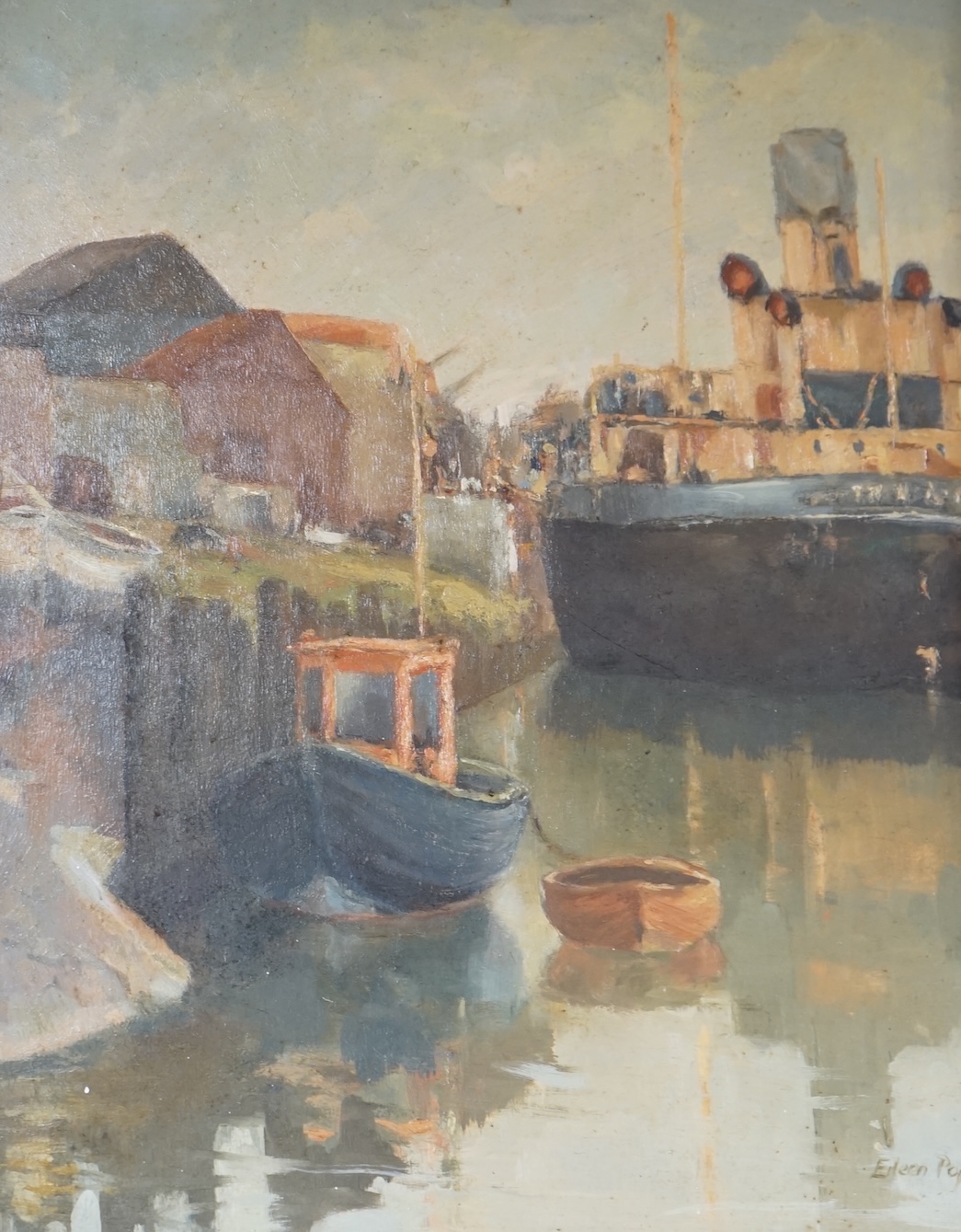 Eileen Pope, Impressionist oil on board, 'Newhaven, East Sussex, Fishing boat', signed, 49 x 39cm. Condition - fair